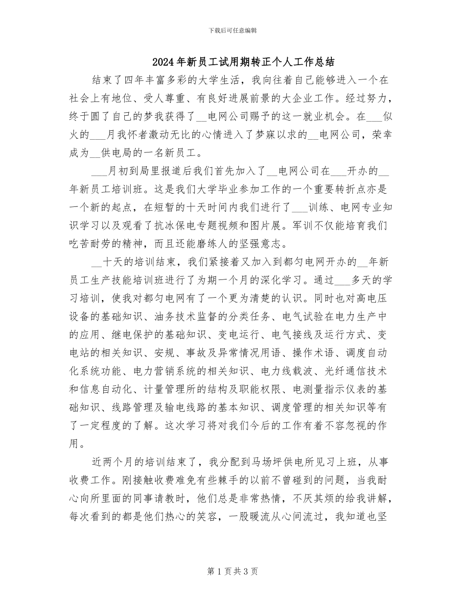 2024年新员工试用期转正个人工作总结_第1页