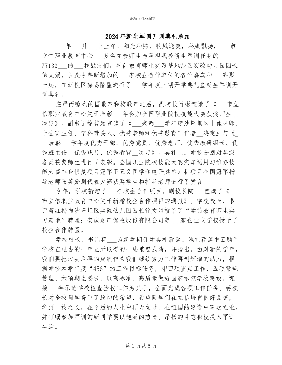 2024年新生军训开训典礼总结_第1页