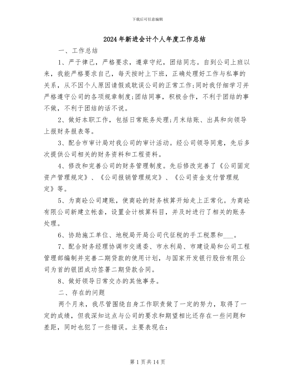 2024年新进会计个人年度工作总结_第1页