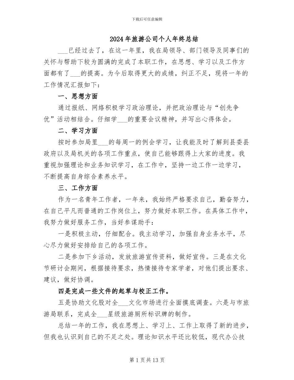 2024年旅游公司个人年终总结_第1页