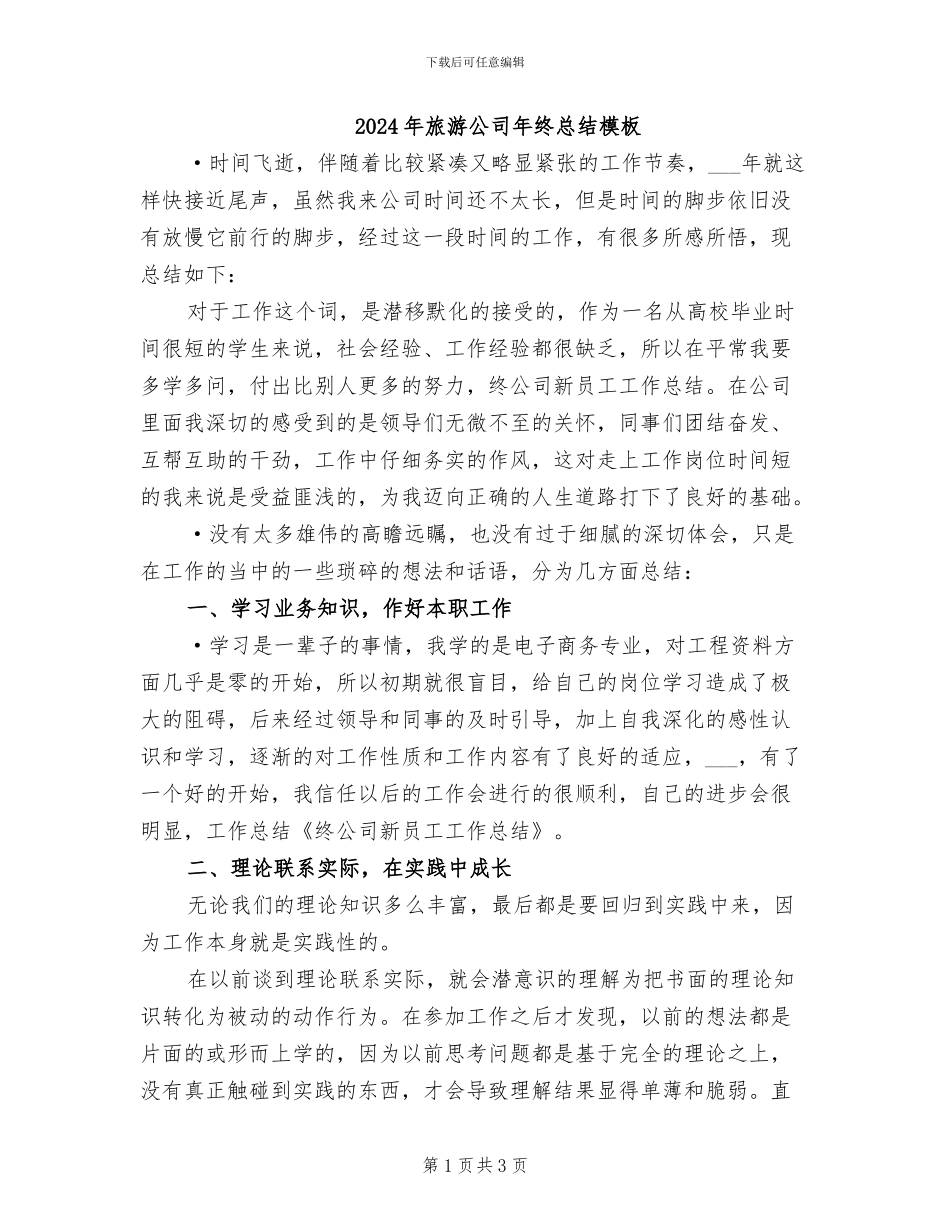 2024年旅游公司年终总结模板_第1页