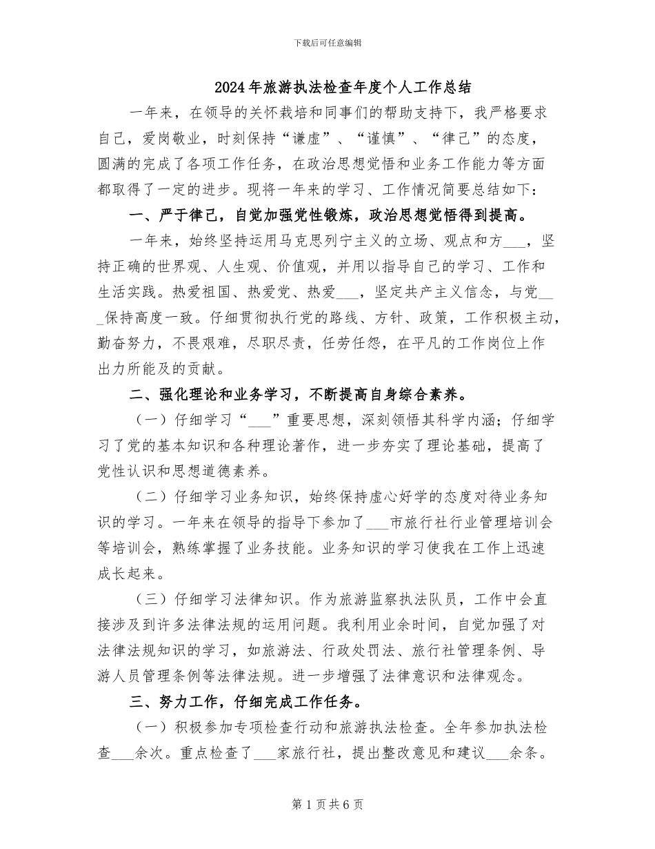 2024年旅游执法检查年度个人工作总结_第1页
