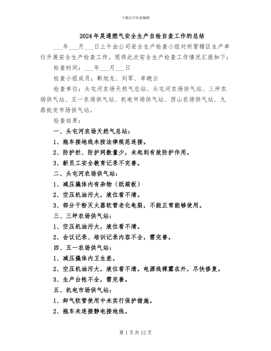 2024年昊通燃气安全生产自检自查工作的总结_第1页