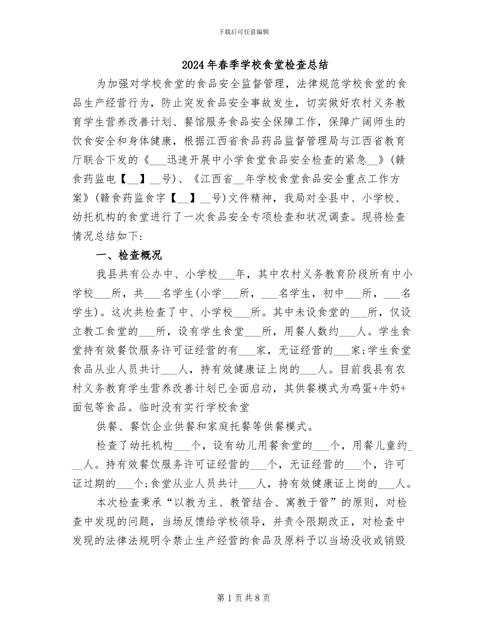 2024年春季学校食堂检查总结_第1页