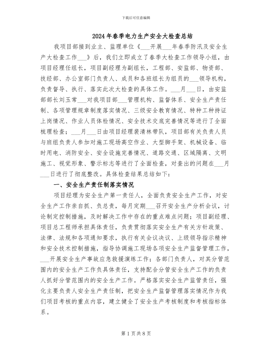 2024年春季电力生产安全大检查总结_第1页