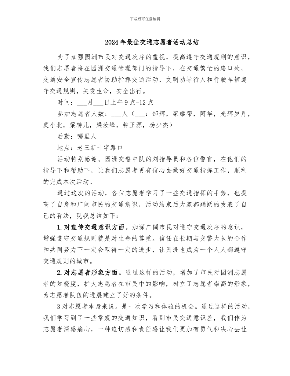 2024年最佳交通志愿者活动总结_第1页