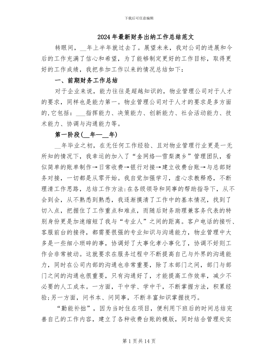 2024年最新财务出纳工作总结范文_第1页