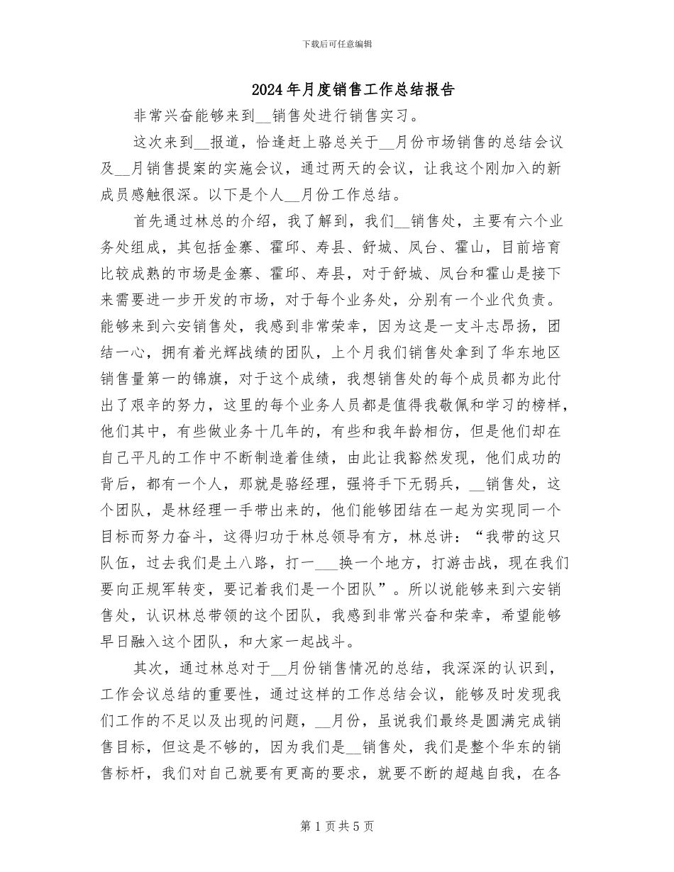 2024年月度销售工作总结报告_第1页