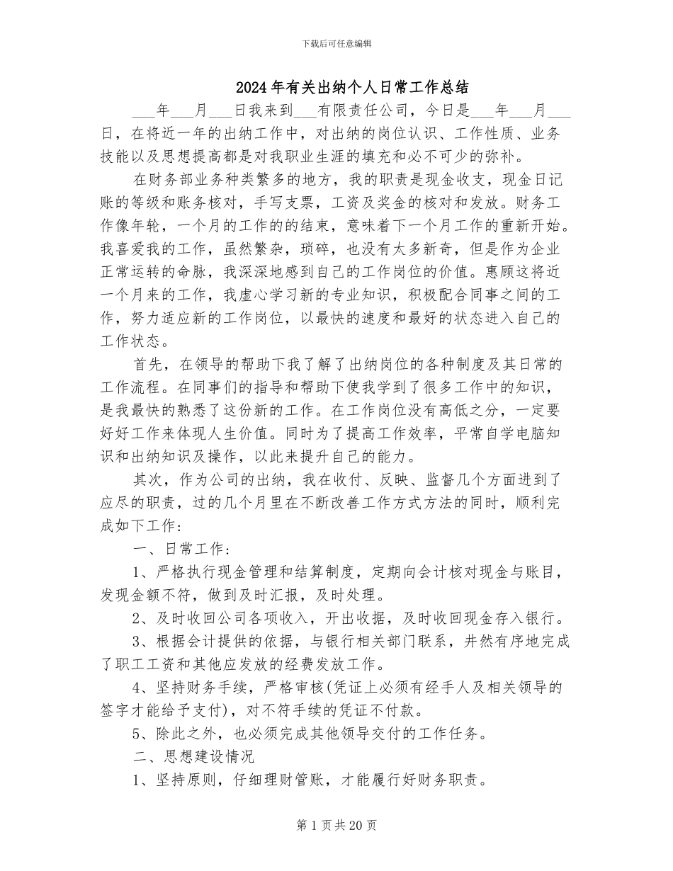 2024年有关出纳个人日常工作总结_第1页