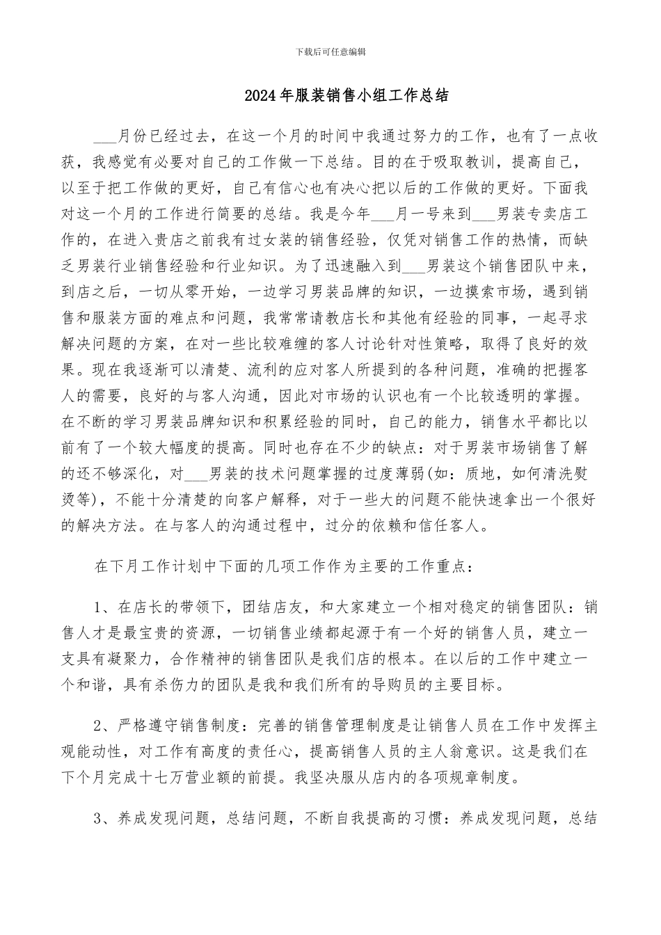 2024年服装销售小组工作总结_第1页