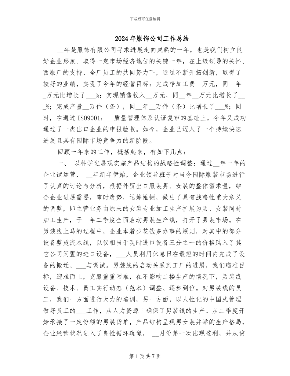 2024年服饰公司工作总结_第1页