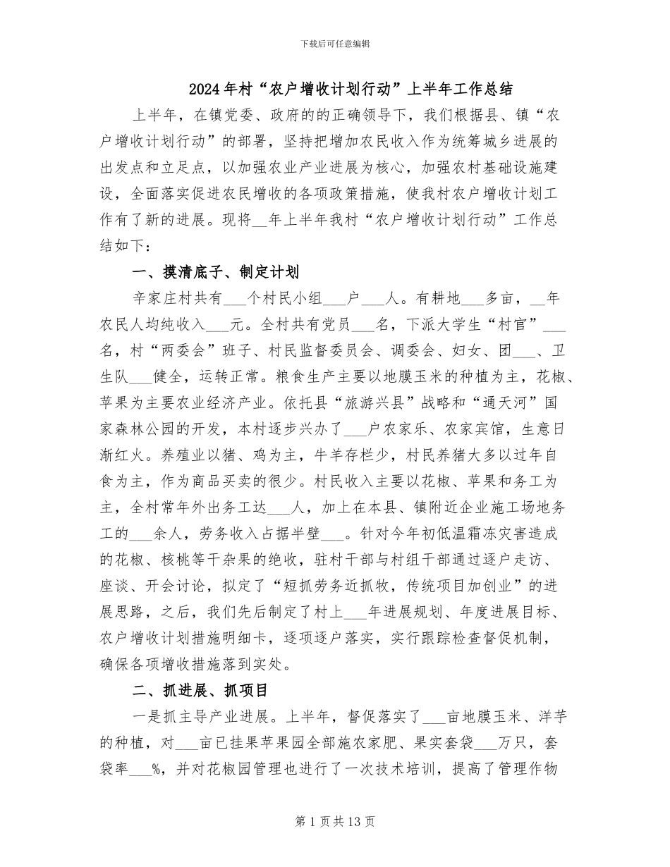2024年村“农户增收计划行动”上半年工作总结_第1页