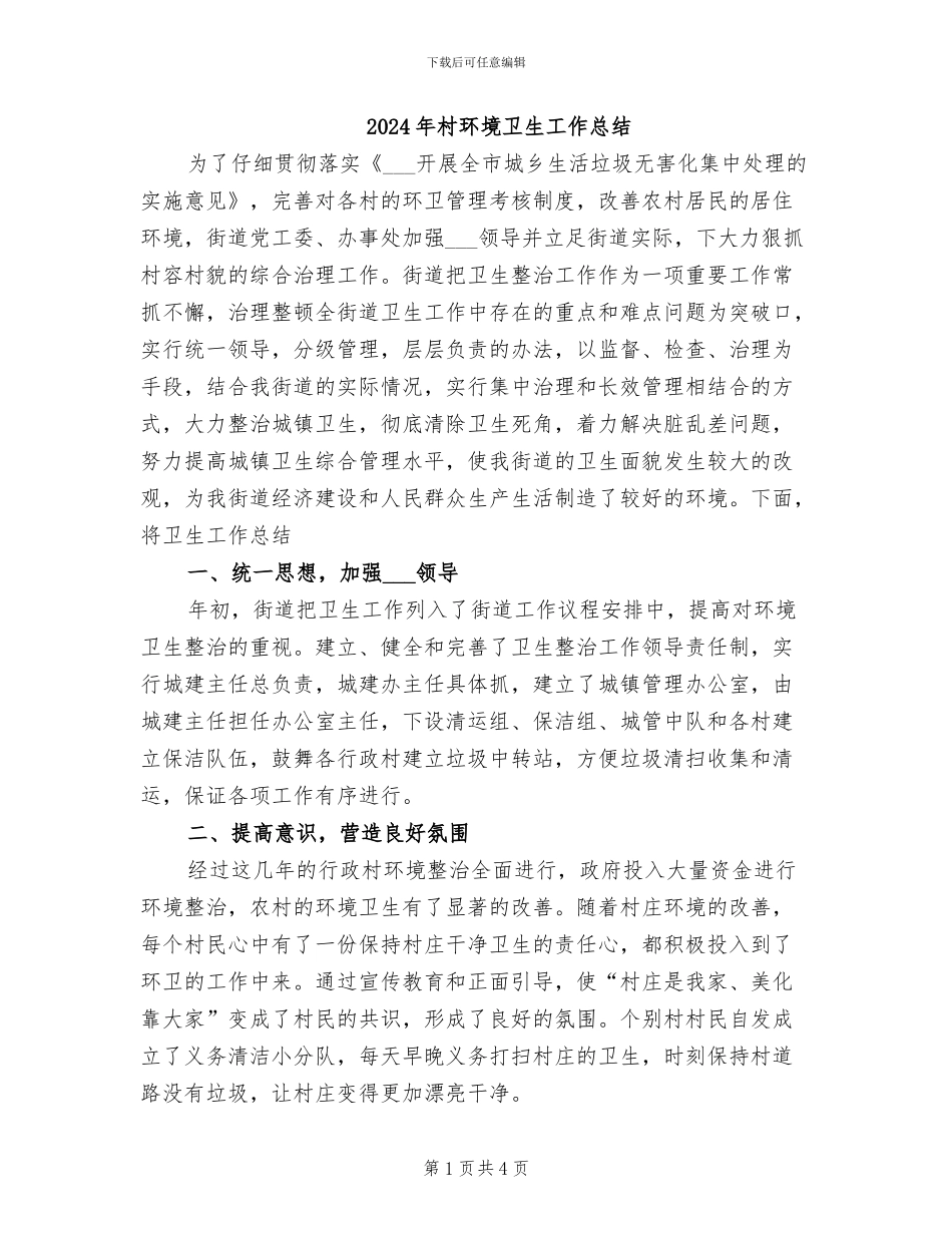 2024年村环境卫生工作总结_第1页