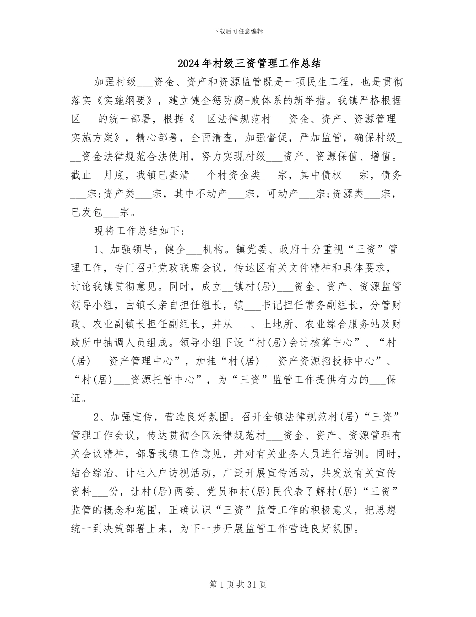 2024年村级三资管理工作总结_第1页