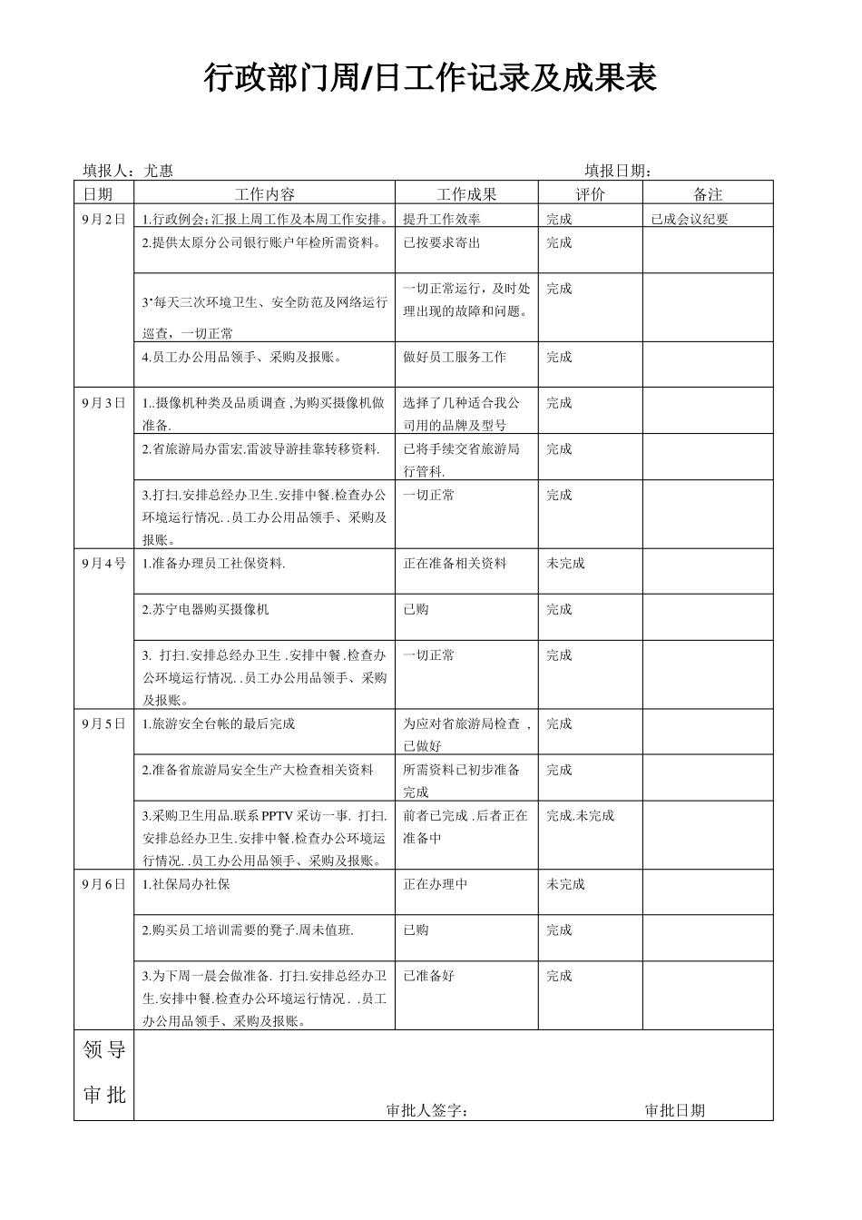 日工作记录及成果表_第1页