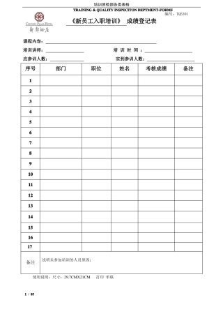 星级酒店质检培训部表格汇总