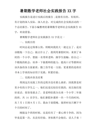 暑期数学老师社会实践报告XX字