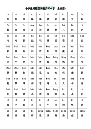 最好的小学生常用汉字表2500字-含拼音