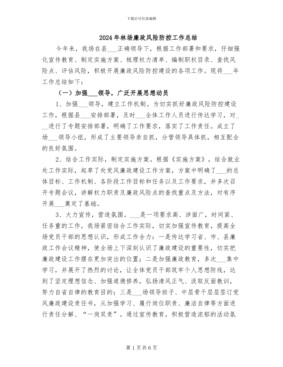 2024年林场廉政风险防控工作总结_第1页