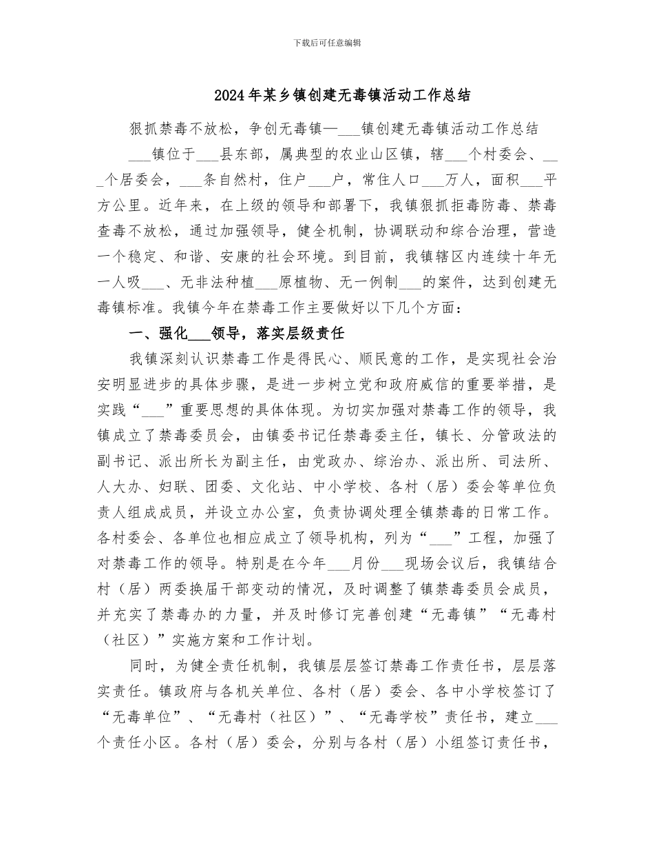 2024年某乡镇创建无毒镇活动工作总结_第1页