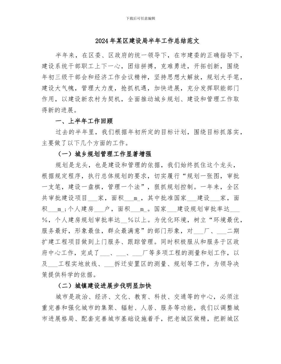 2024年某区建设局半年工作总结范文_第1页