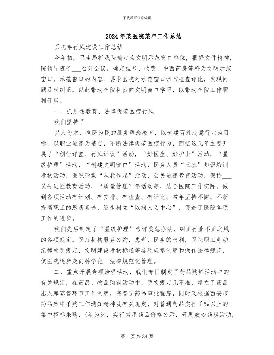 2024年某医院某年工作总结_第1页
