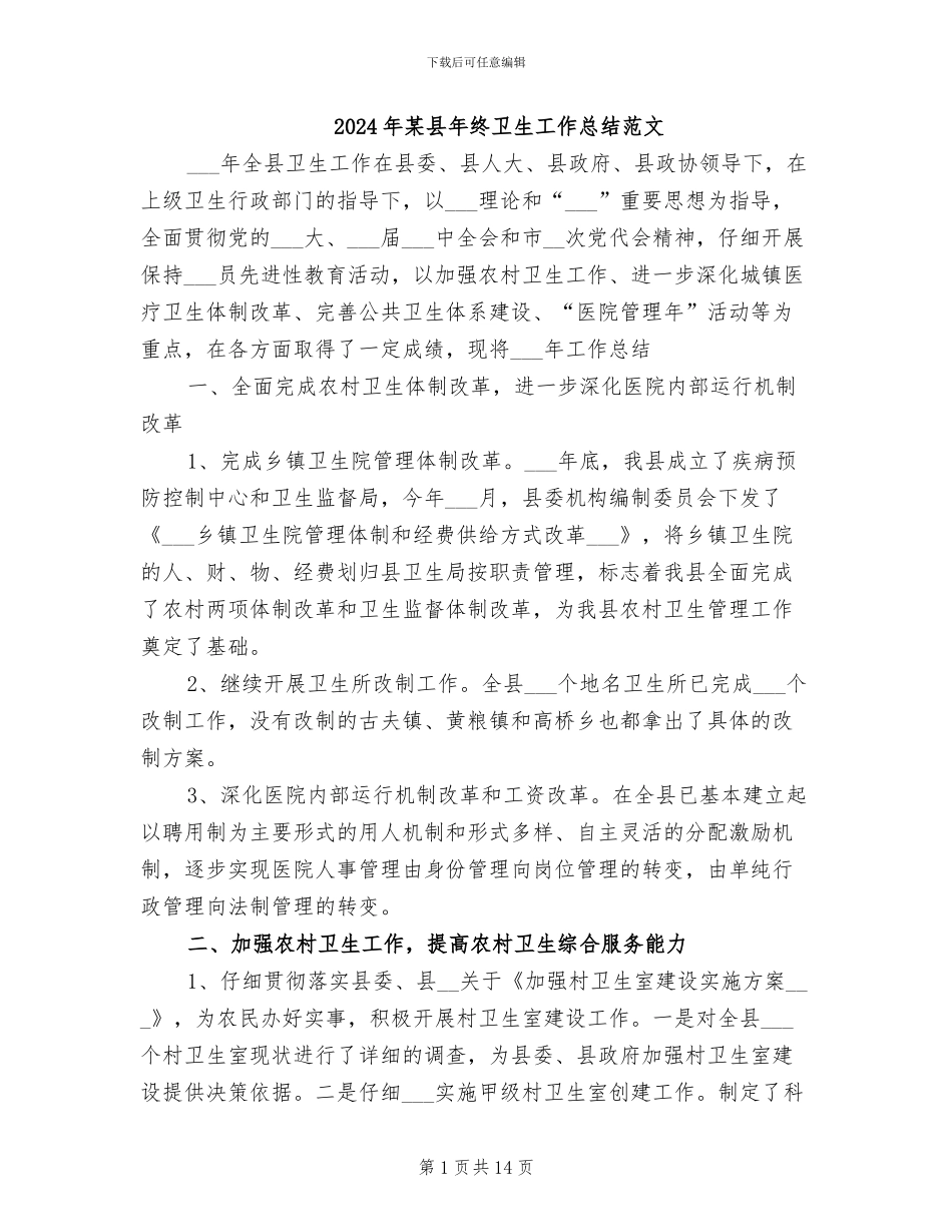 2024年某县年终卫生工作总结范文_第1页