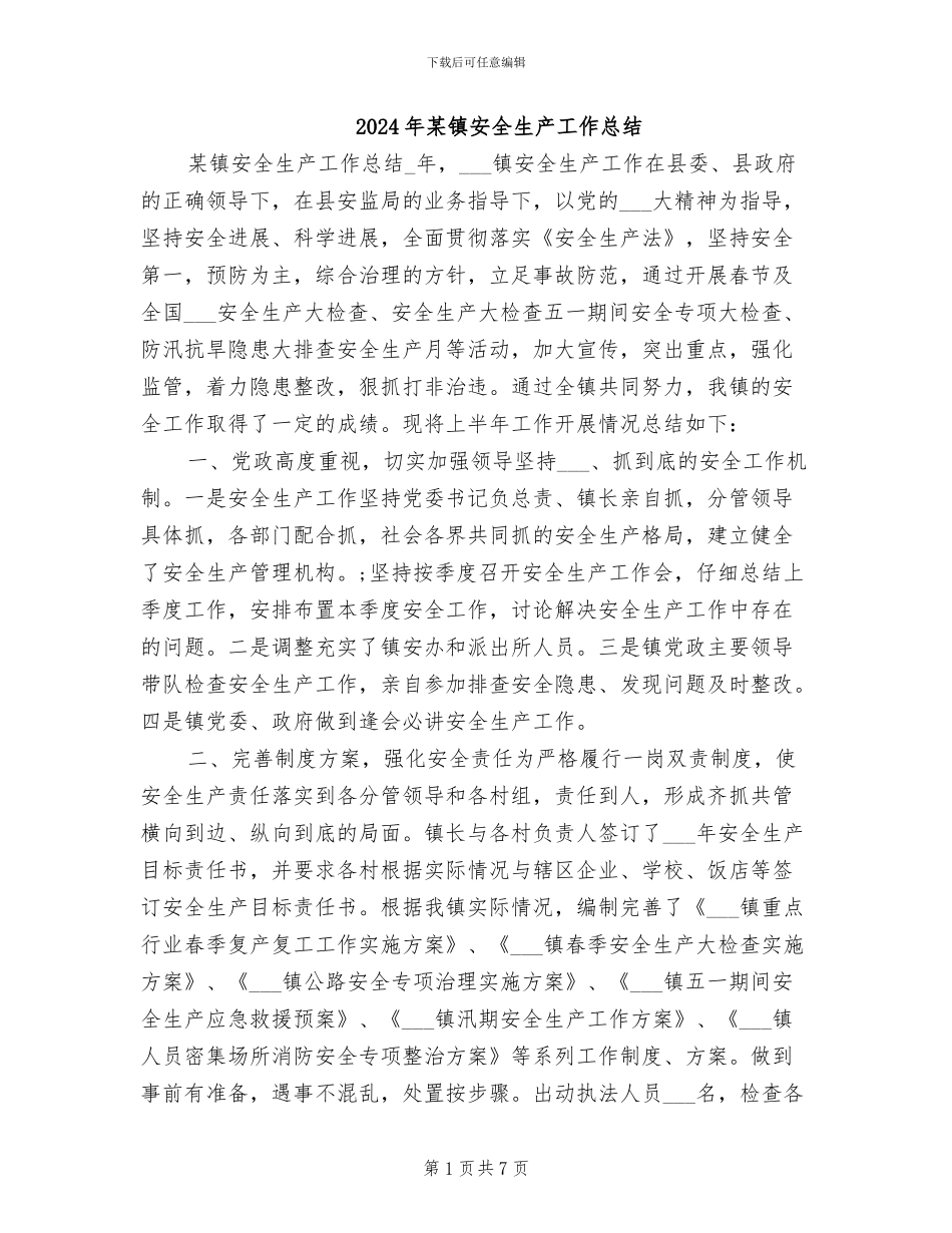 2024年某镇安全生产工作总结_第1页