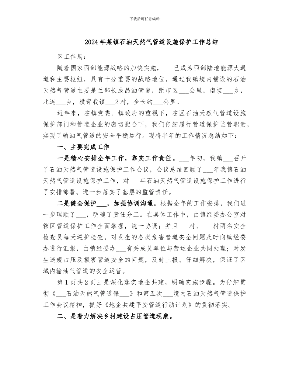 2024年某镇石油天然气管道设施保护工作总结_第1页