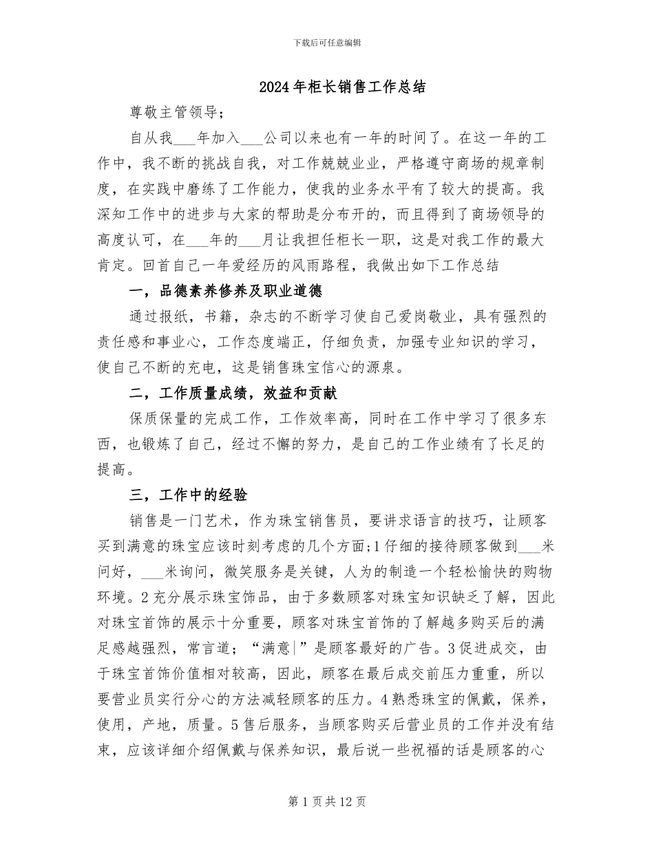 2024年柜长销售工作总结_第1页