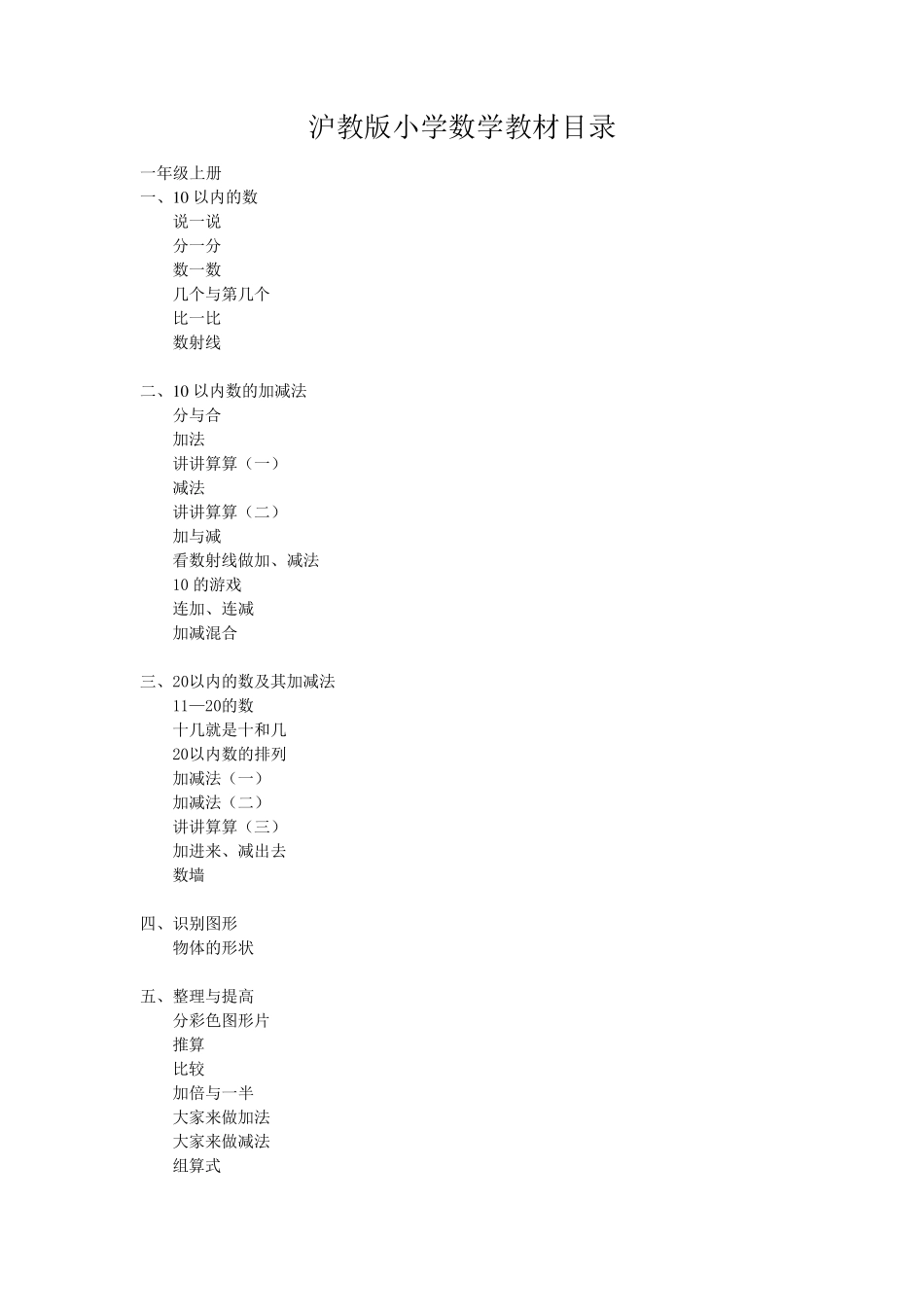 上海小学数学教材目录(试用版)_第1页