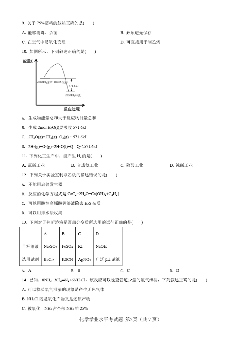 上海市2020年普通高中学业水平合格性考试化学试题及解答_第2页