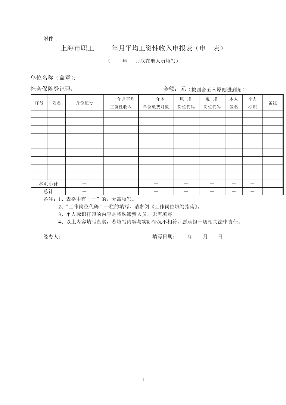 上海市职工2009年月平均工资性收入申报表(申1表)_第1页