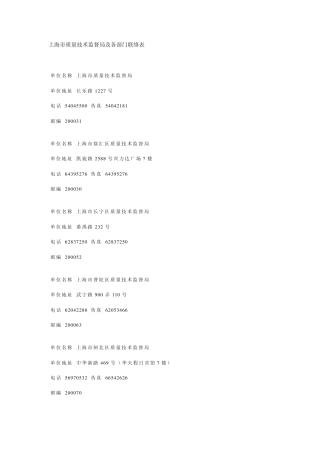 上海市质量技术监督局及各部门联络表