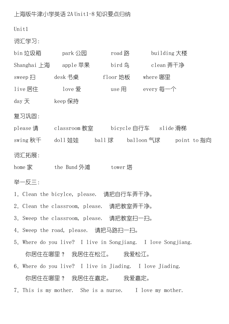 上海版沪教版牛津小学英语2A全册知识点_第1页