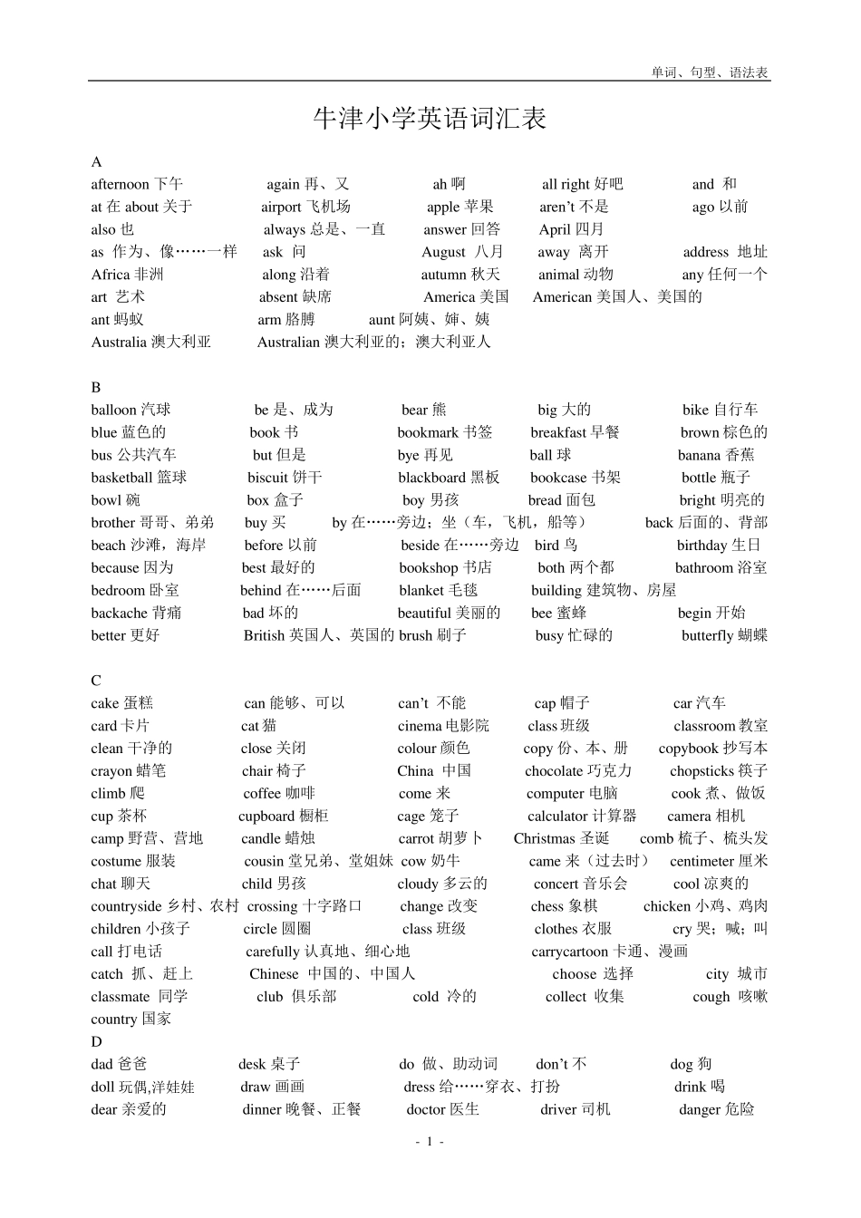 上海版牛津小学英语词汇表(全阶段)_第1页