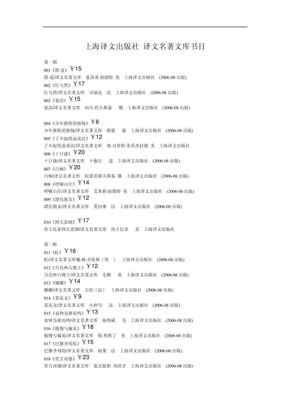 上海译文出版社译文名著文库书目_第1页