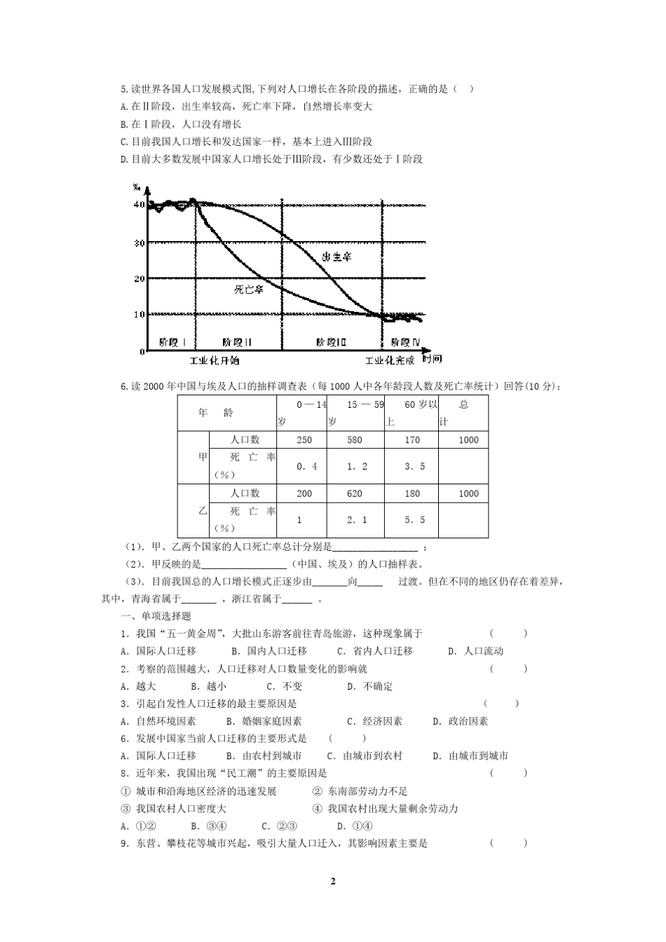 下图表示四个国家的人口出生率和死亡率_第2页
