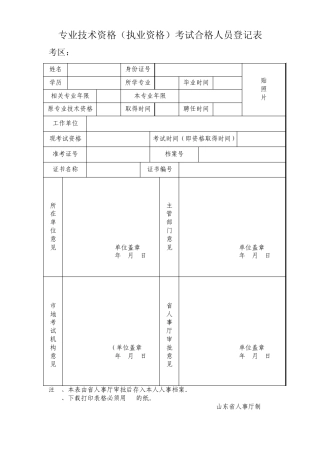 专业技术资格(执业资格)考试合格人员登记表