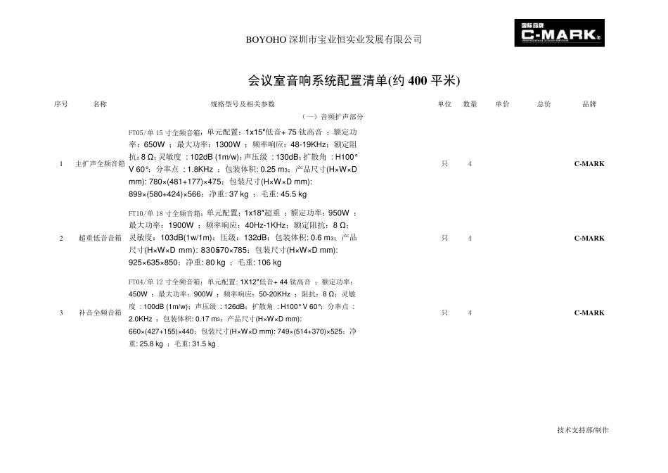专业音响CMARK酒吧音响设备FT系列配置清单_第1页