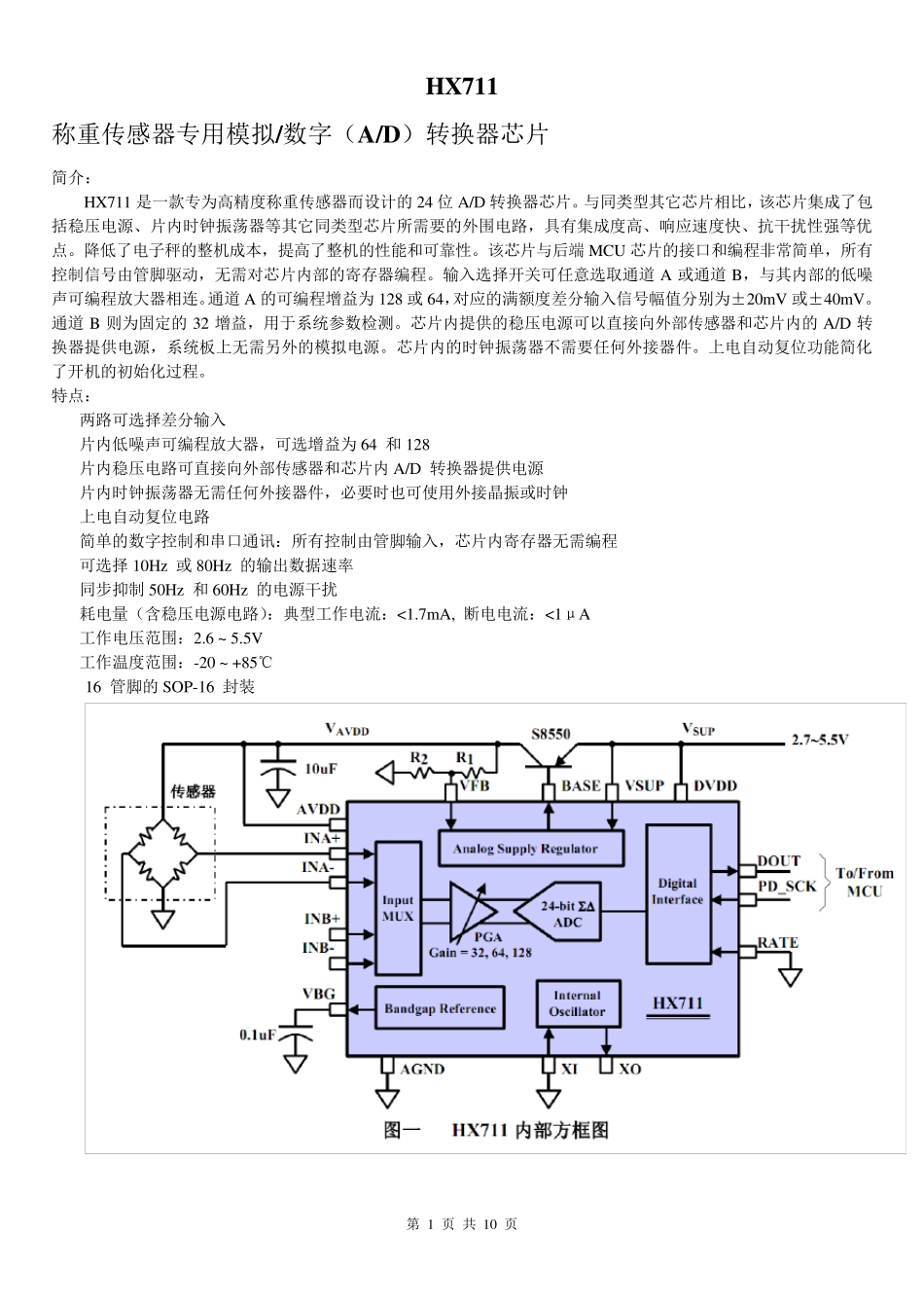 专用型高精度24位AD转换器芯片HX711说明_第1页