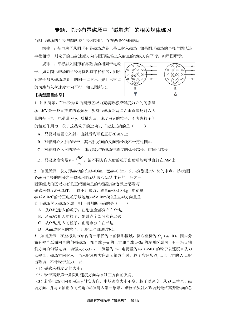 专题、圆形有界磁场中“磁聚焦”规律_第1页