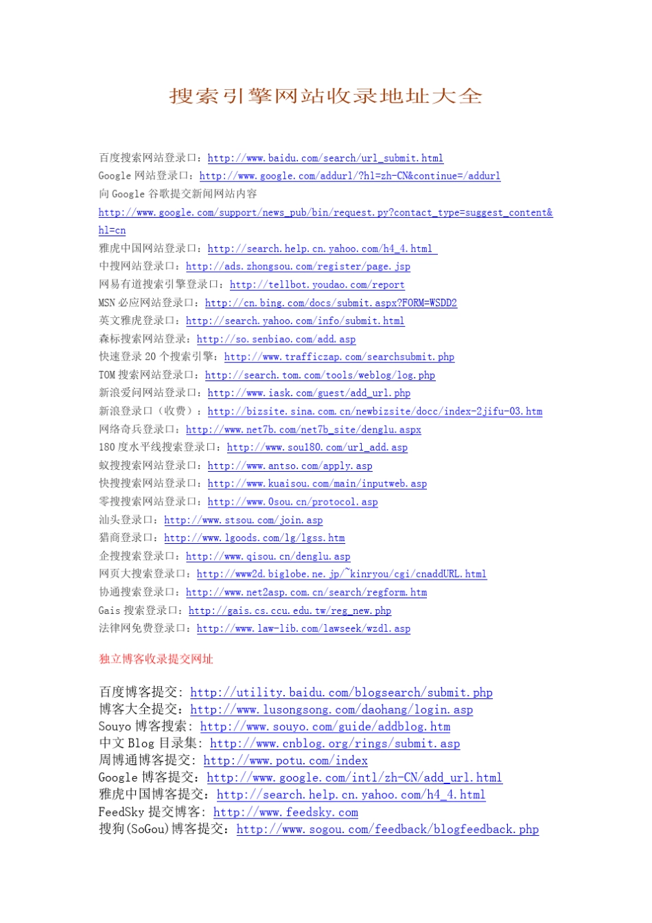 世界各类搜索引擎网站提交入口收录地址荟萃大全_第1页