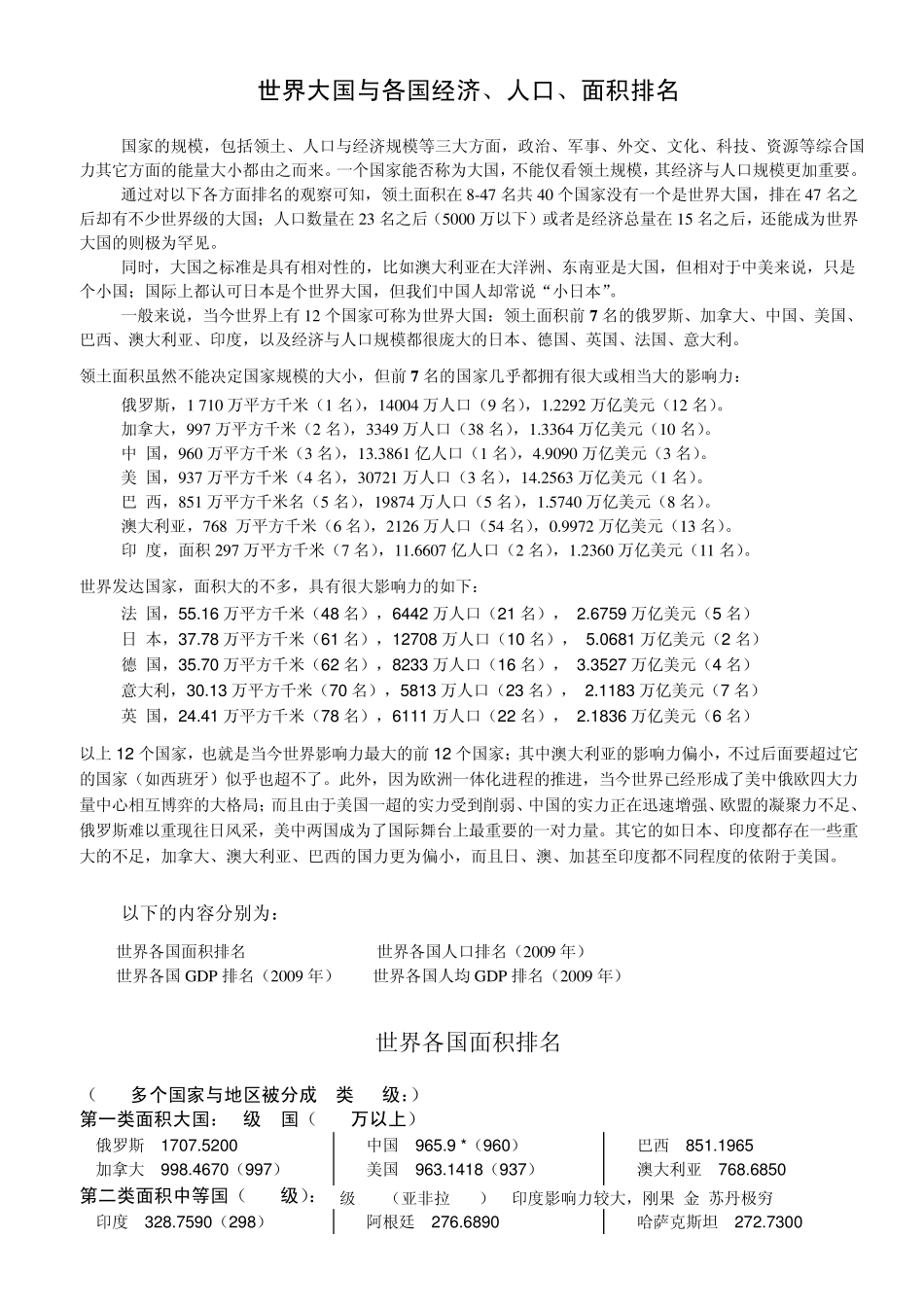 世界大国与各国经济、人口、面积排名(2009完美版)_第1页
