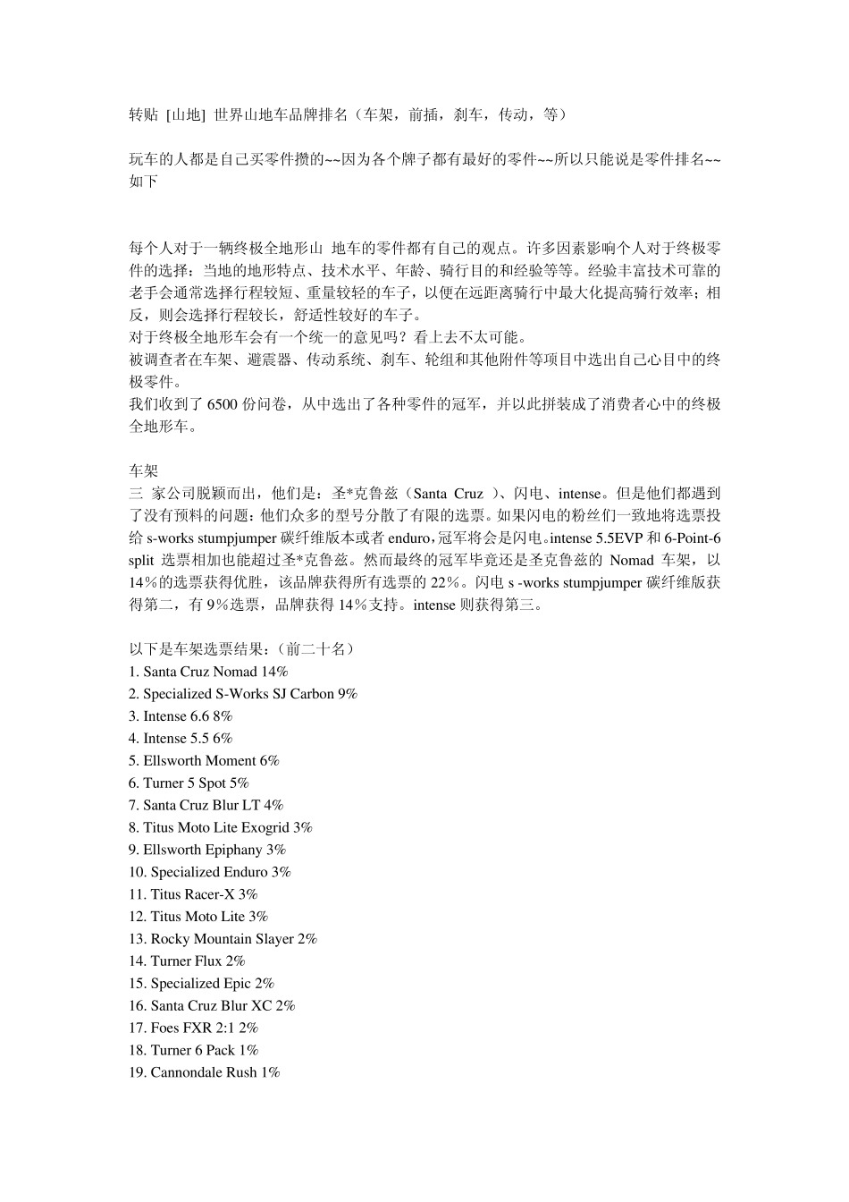 世界山地自行车车架前叉避震传动刹车排名_第1页
