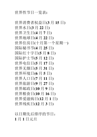 世界性节日一览表