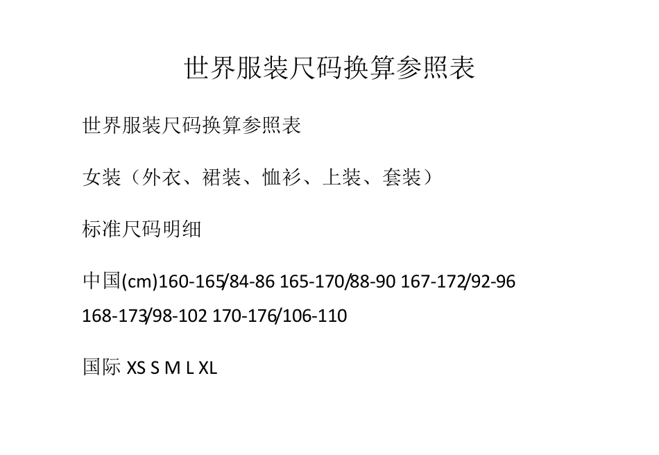 世界服装尺码换算参照表_第1页
