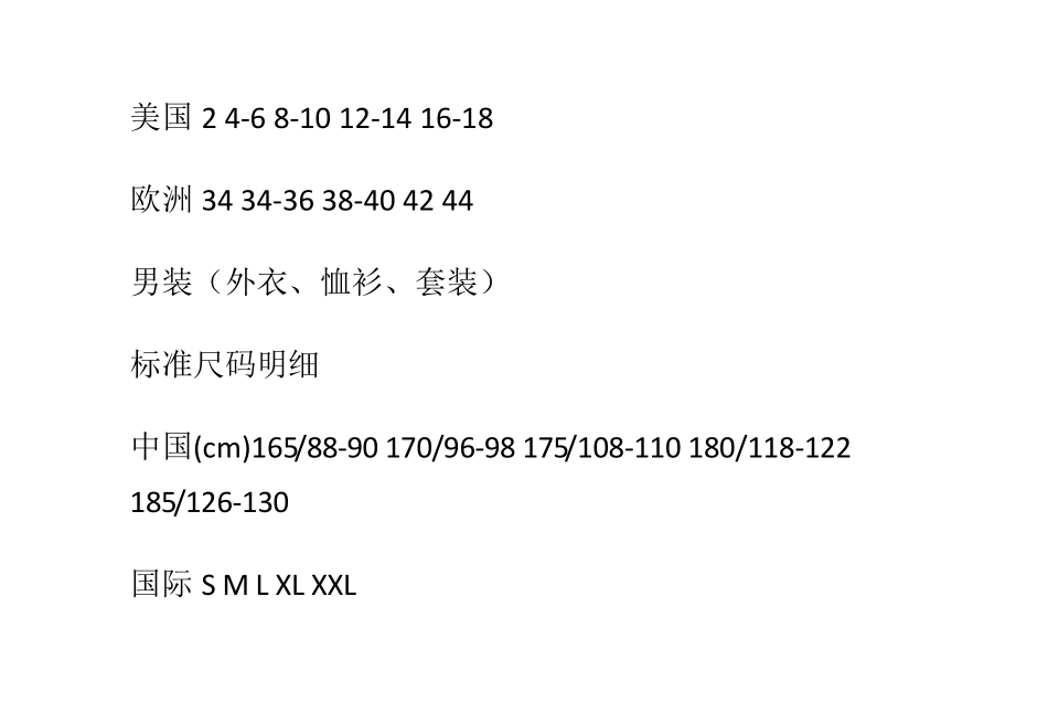 世界服装尺码换算参照表_第2页