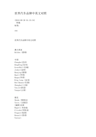 世界汽车品牌中英文对照