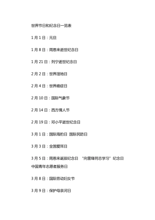 世界节日和纪念日一览表